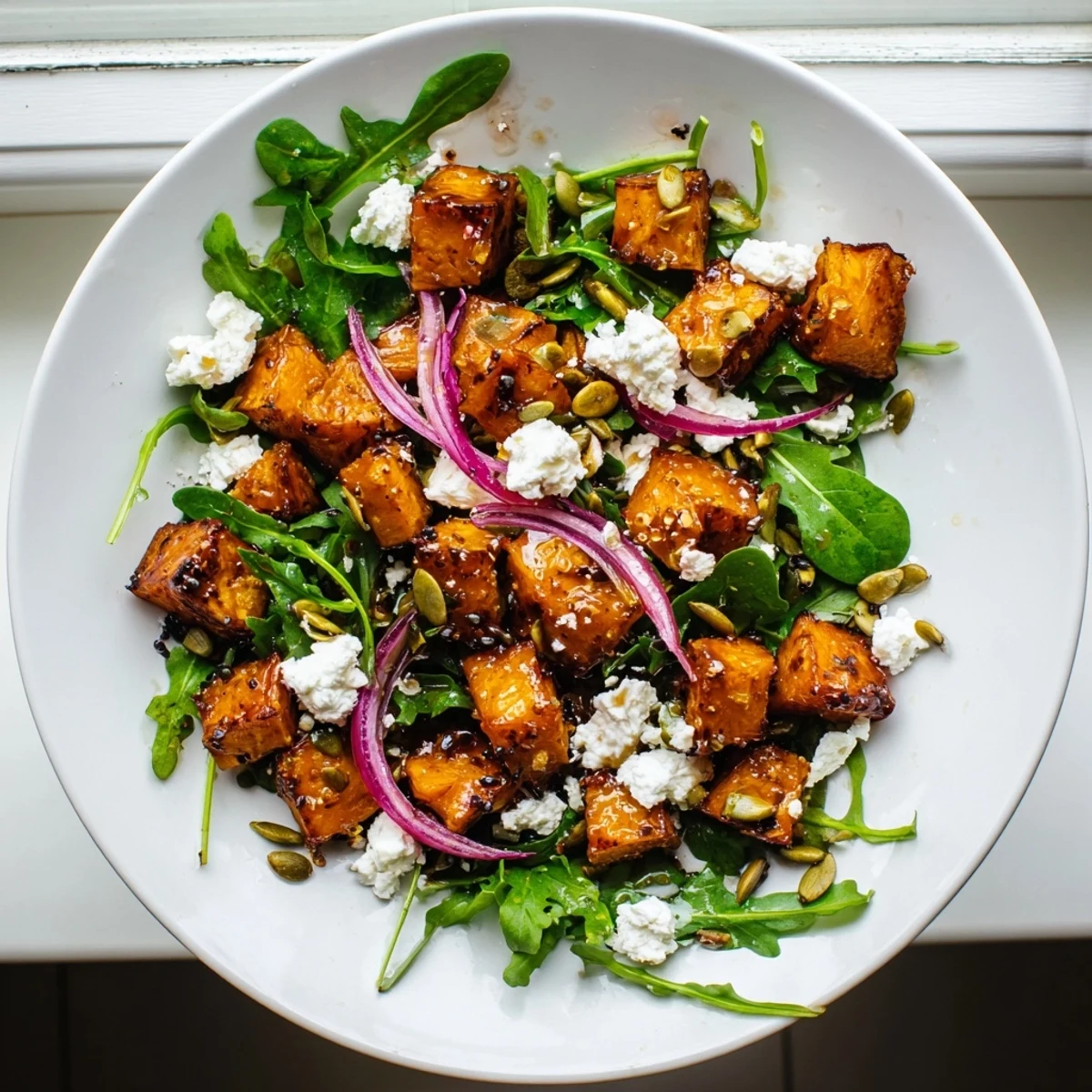 Roasted sweet potato salad with caramelized cubes atop peppery arugula and crumbled feta, drizzled with a bright honey-lime dressing.