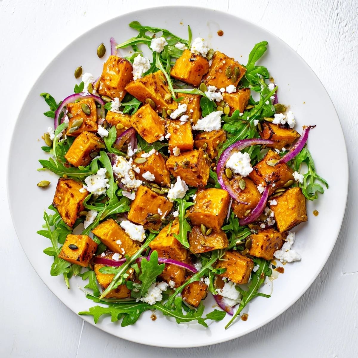 Vibrant Roasted Sweet Potato Salad featuring golden, tender sweet potatoes, creamy feta, and fresh arugula, ready to serve as a light lunch.
