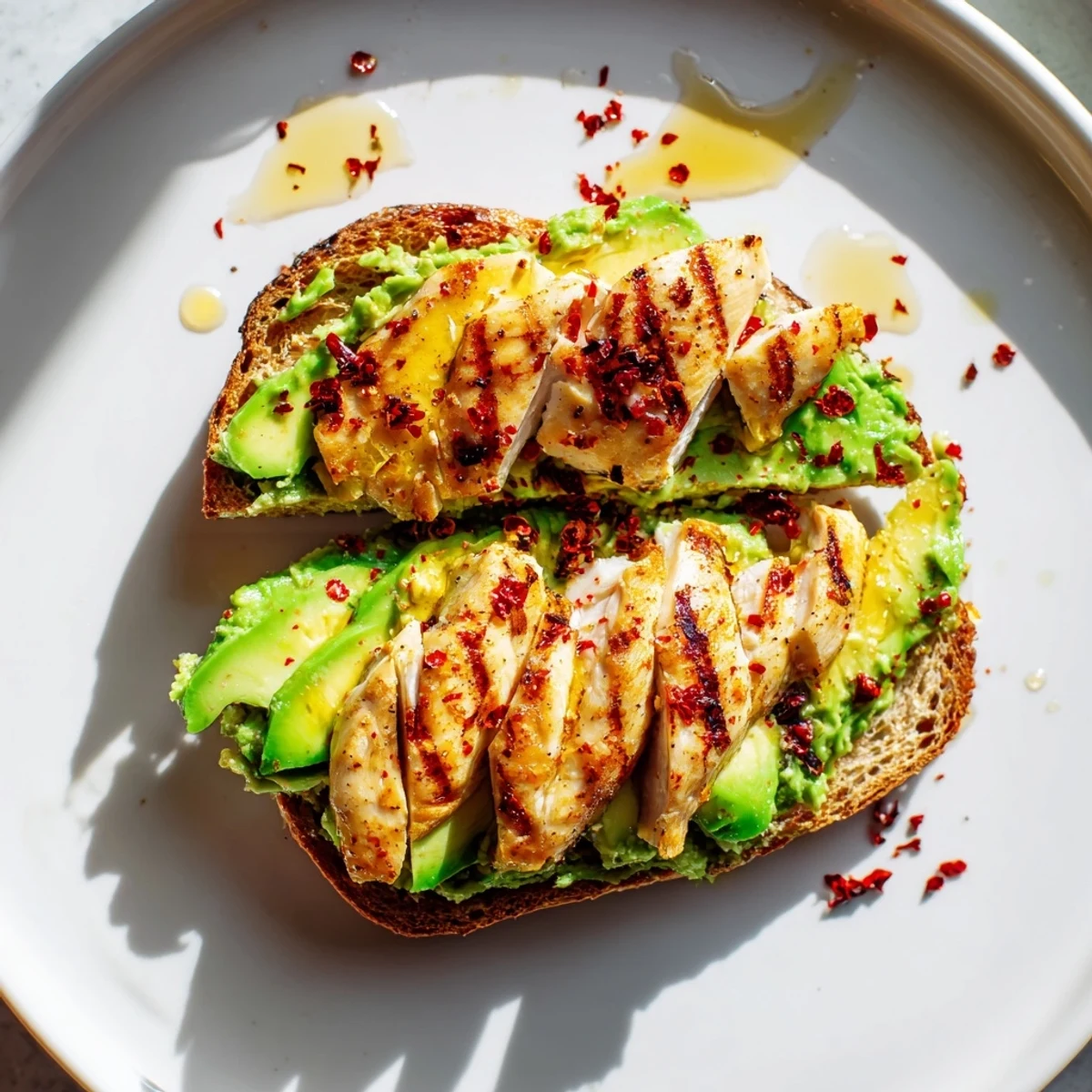Smashed avocado chicken toast features grilled chicken slices atop creamy smashed avocado on toasted sourdough, finished with chili flakes and honey.