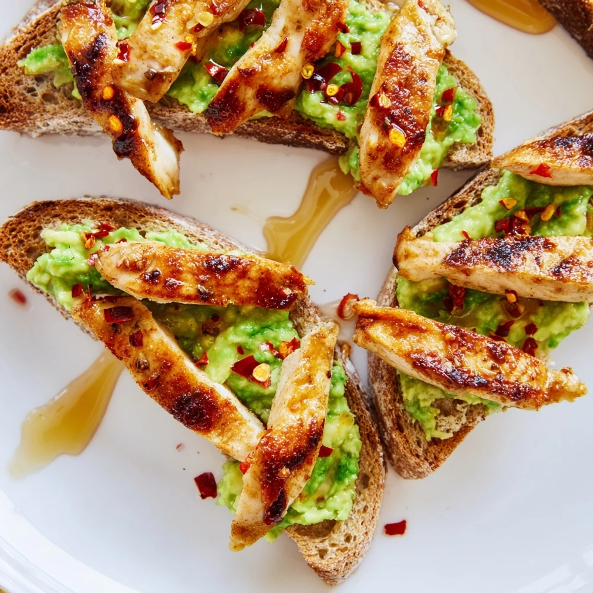 Golden grilled chicken, smooth avocado, and spicy chili flakes make this smashed avocado chicken toast perfect for a quick brunch.