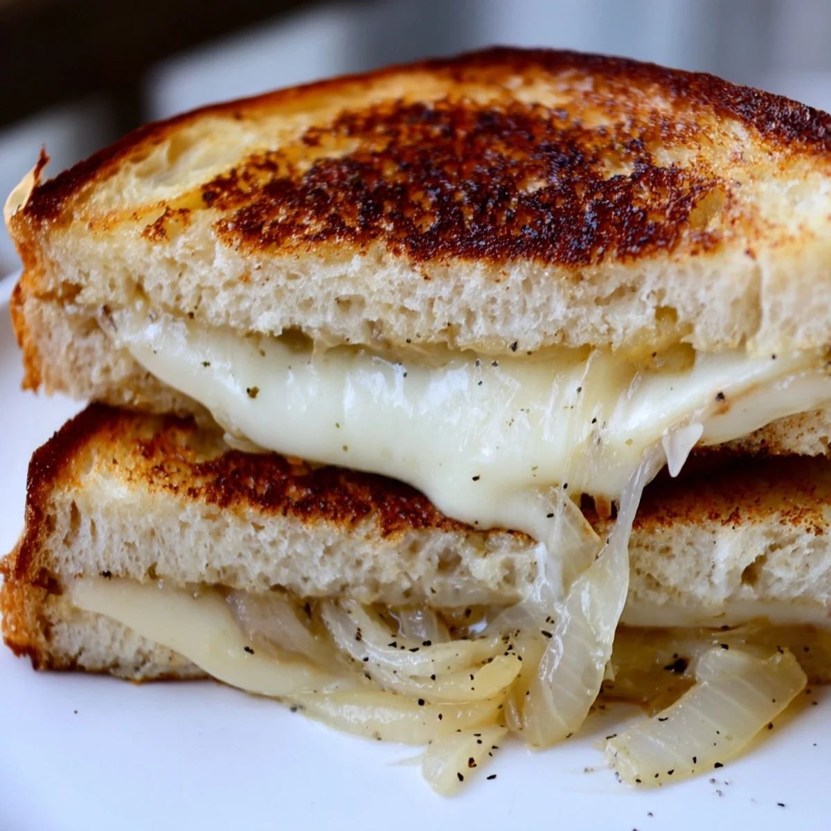 A close-up view of a caramelized onion grilled cheese, showing melted cheddar oozing between buttery, toasted bread slices.
