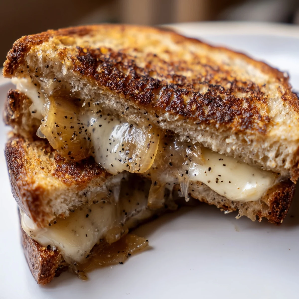 Homemade caramelized onion grilled cheese on a wooden board, featuring thick slices with visible onion layers and a steamy finish.