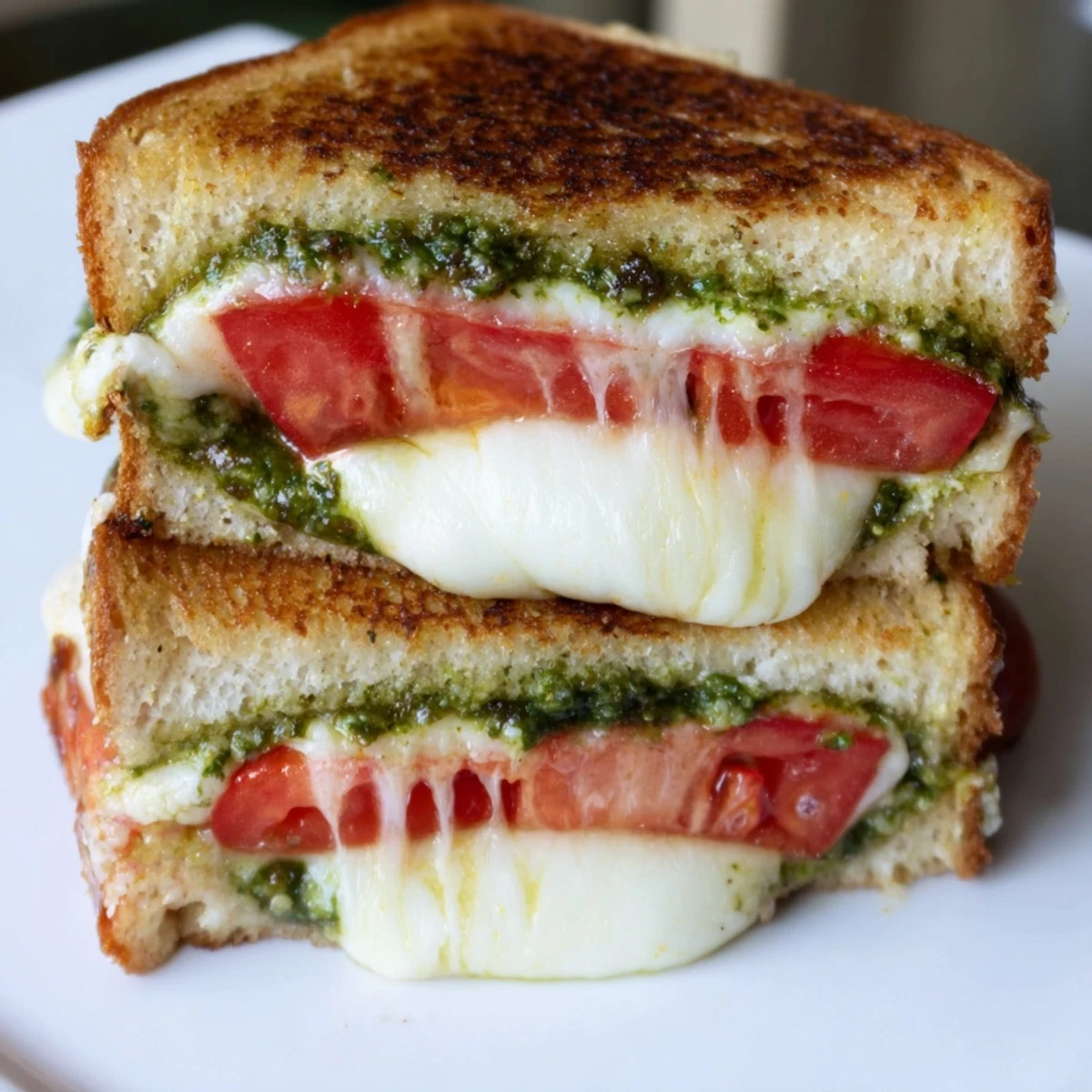 Golden-brown Caprese Pesto Grilled Cheese, oozing with melted mozzarella and fresh tomato slices on crusty sourdough.  
