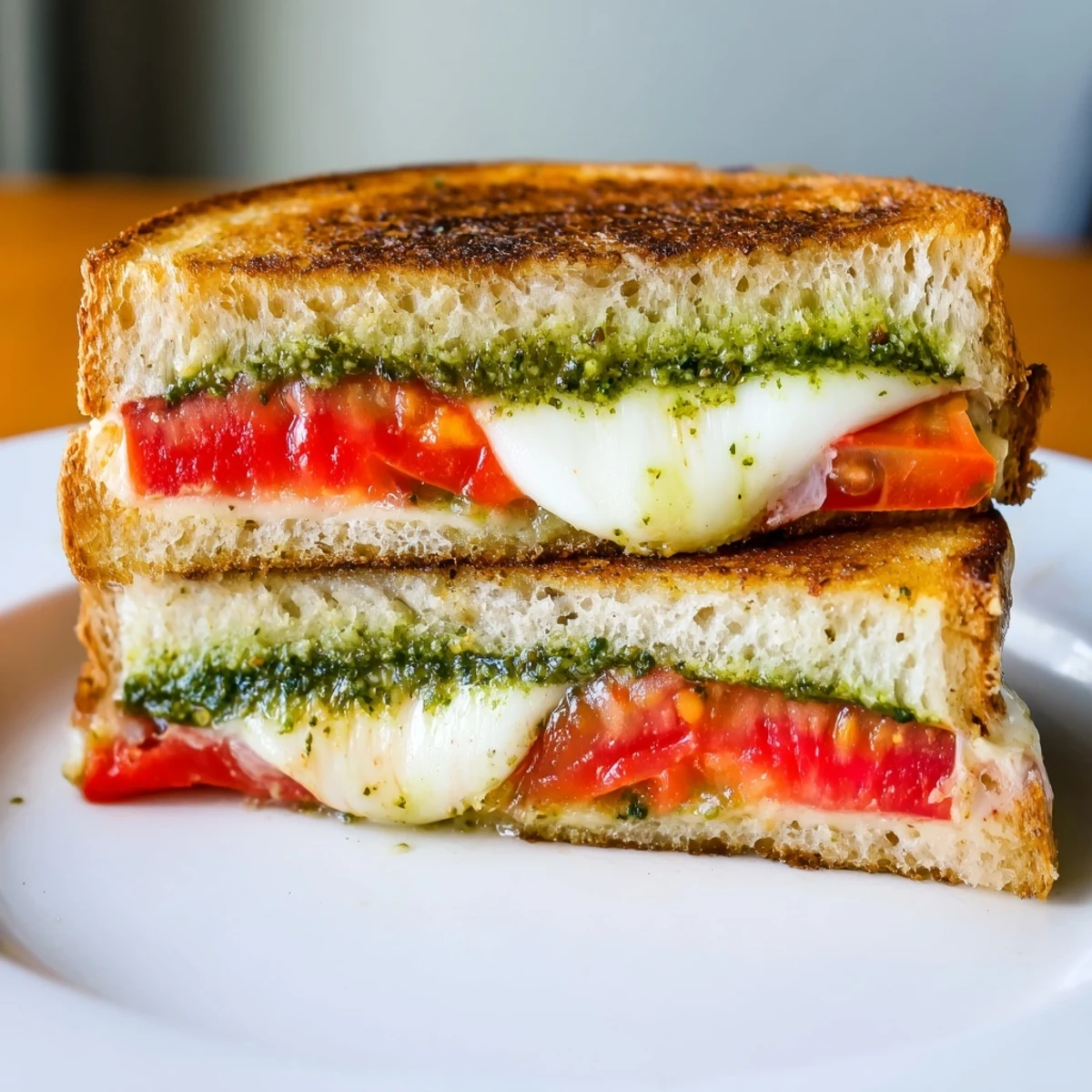 A warm Caprese Pesto Grilled Cheese sandwich served on a plate, garnished with fresh basil leaves.