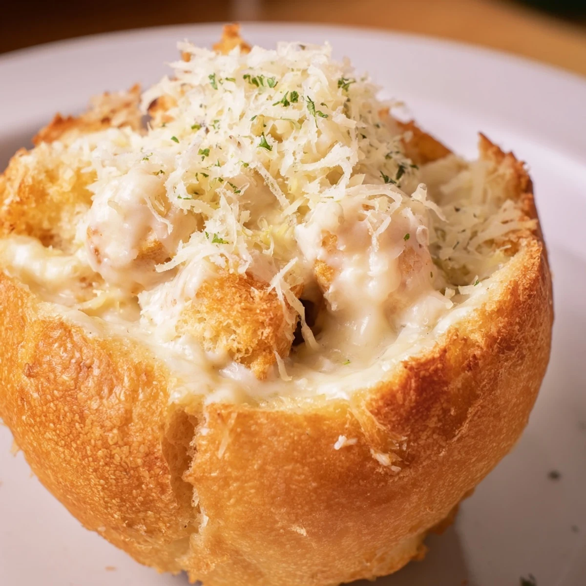 Freshly baked bread bowls hold savory chicken Alfredo, bubbling with a velvety, nutmeg-scented cream sauce and extra grated Parmesan.