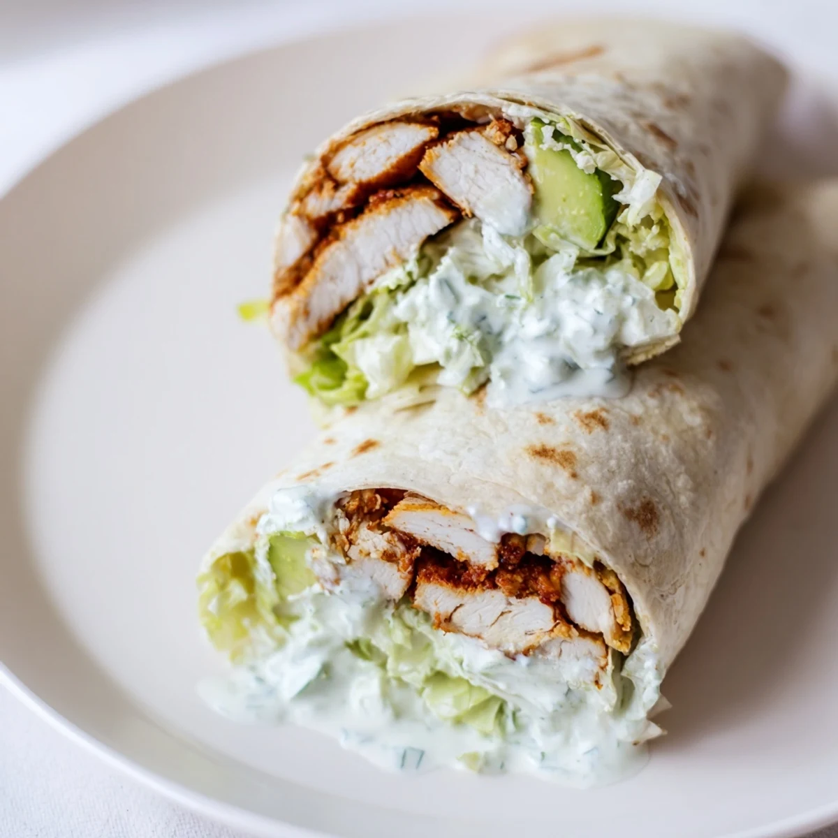 Smoky chipotle chicken wrap sliced in half, revealing layered avocado, crisp lettuce, and creamy yogurt sauce on a rustic plate.  