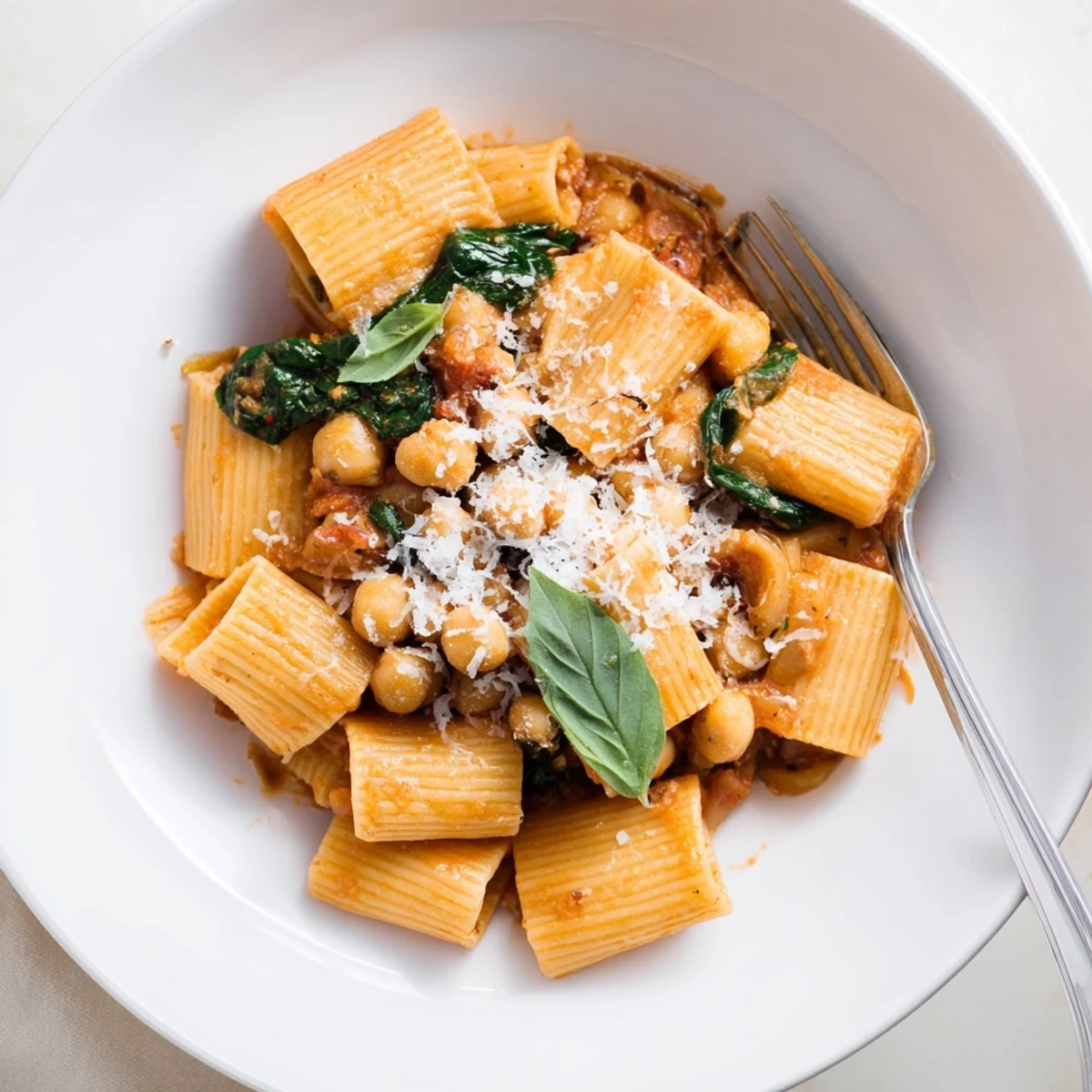 A skillet of Creamy Tuscan Chickpea Pasta with vibrant spinach and rich tomato cream sauce, ready to serve.