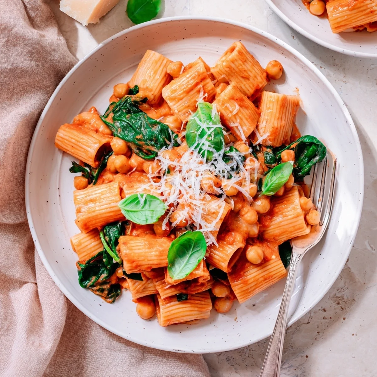Close-up on Creamy Tuscan Chickpea Pasta, fork twirling al dente noodles through a creamy, garlicky chickpea spinach sauce.