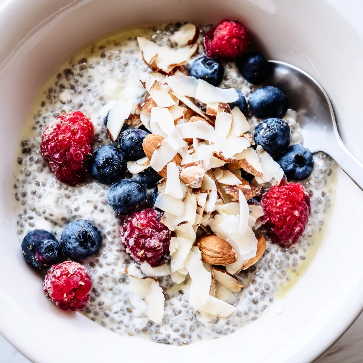 Vibrant poppy seed chia pudding topped with raspberries and coconut, ready for a nourishing snack.