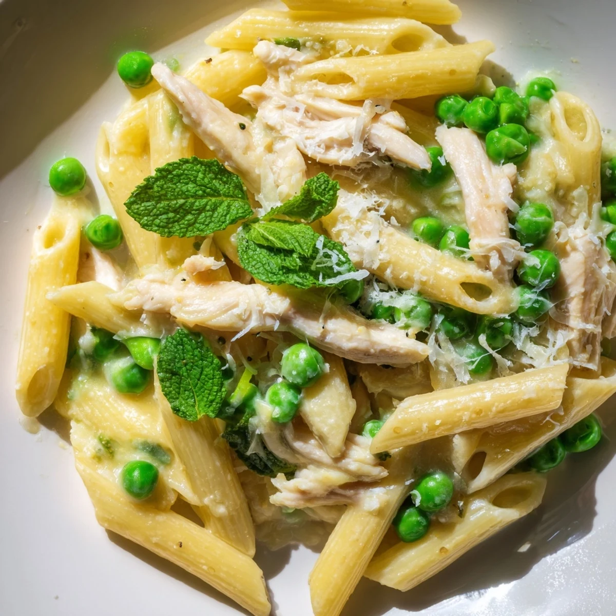 Close-up of Pea & Mint Chicken Pasta with tender chicken, sweet peas, and fresh mint in a glossy lemon sauce.