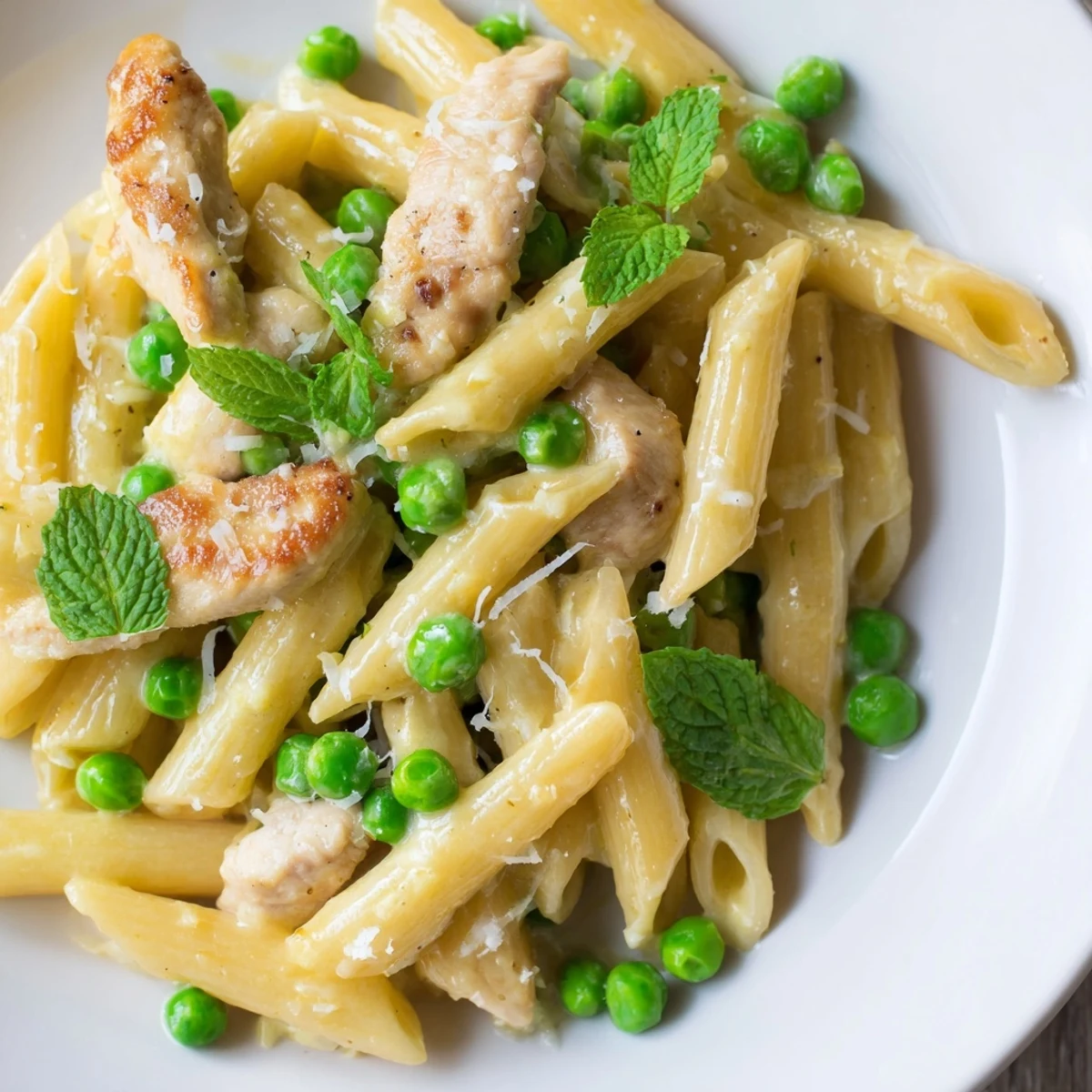 Sizzling skillet of Pea & Mint Chicken Pasta with golden chicken, vibrant green peas, and a zesty lemon sauce.