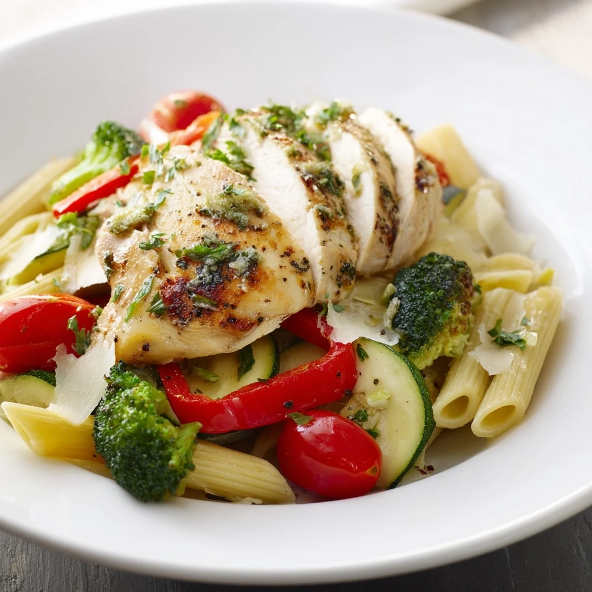 Sliced garlic-herb chicken and colorful penne pasta with roasted zucchini and bell peppers in a light sauce.