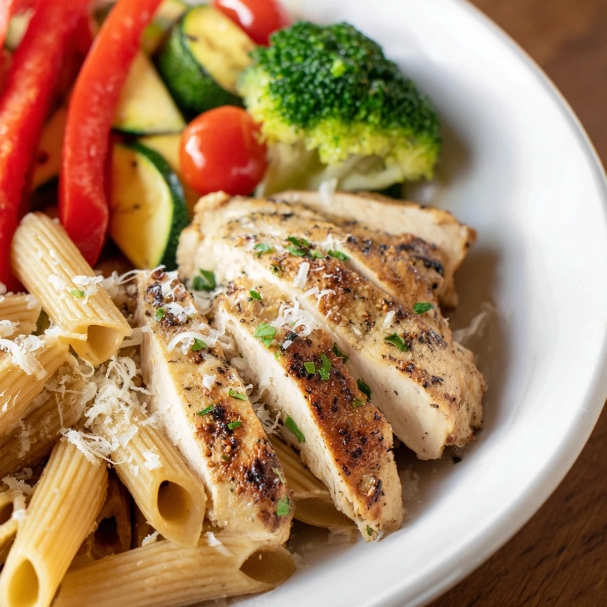 Serve Garlic Herb Chicken & Veg Pasta hot, with tender broccoli, cherry tomatoes, and red onion throughout.