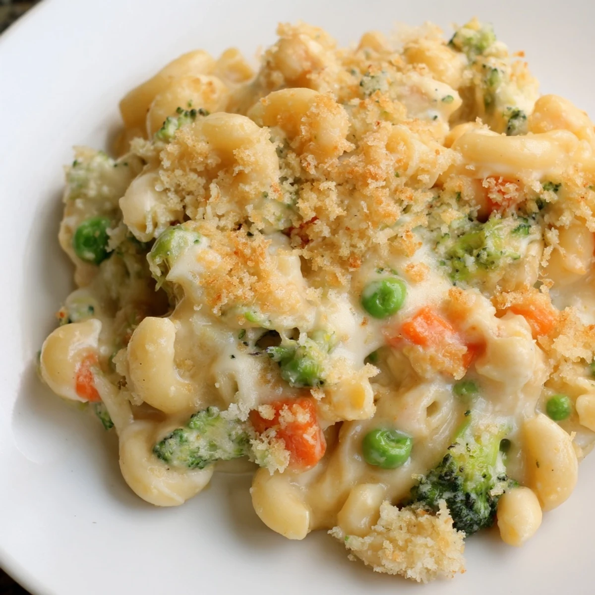 Golden-brown Garden Veg Mac and Cheese bubbling in a baking dish, with tender peas, broccoli, and carrots peeking through creamy cheese sauce.