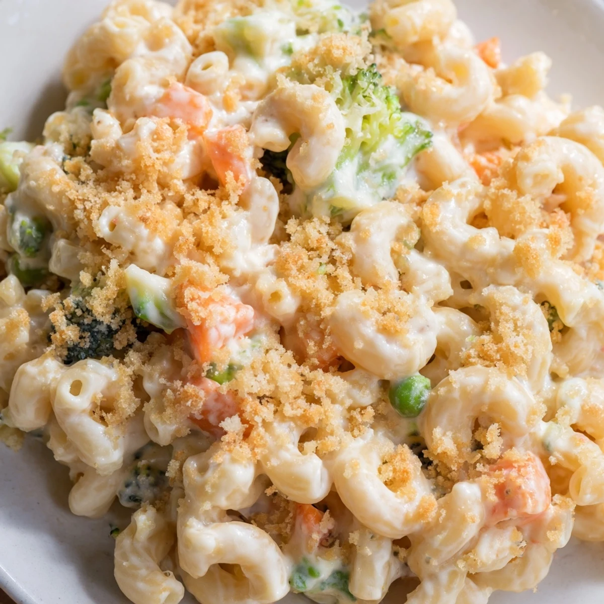 A close-up of Garden Veg Mac and Cheese with a crispy panko topping and steam rising, ready to be served.