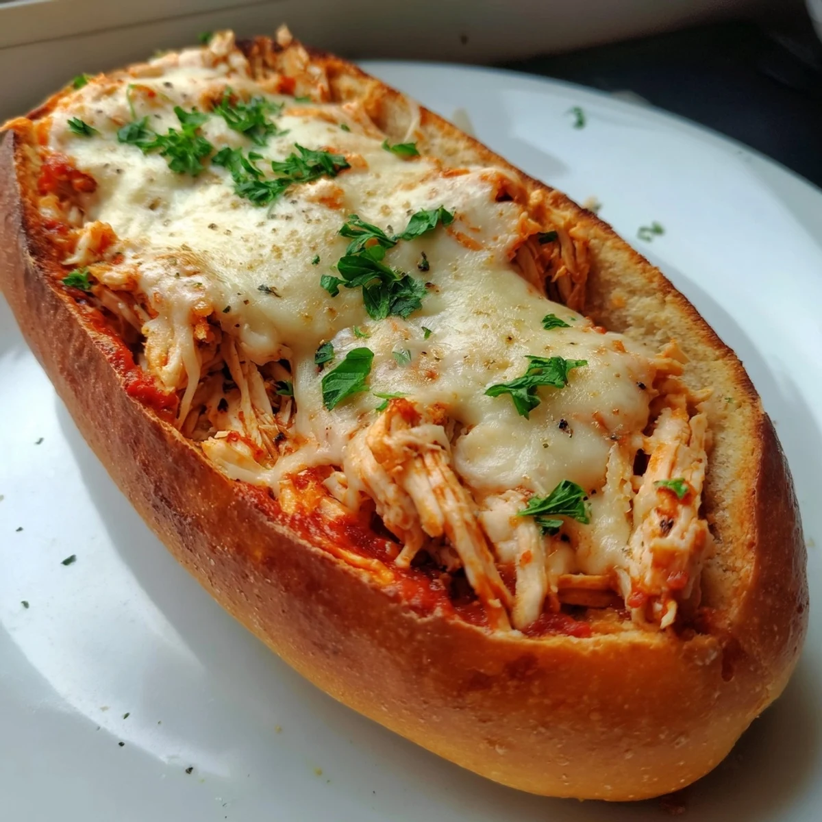 A close-up view of golden-brown Chicken Parm Stuffed Garlic Bread boats, revealing melted mozzarella and savory chicken filling.  