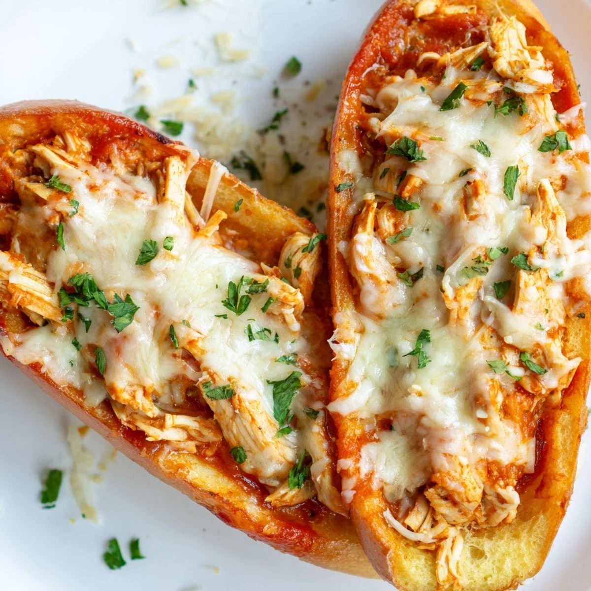 Freshly baked Chicken Parm Stuffed Garlic Bread is served hot on a wooden board, ready for dipping in extra marinara.  