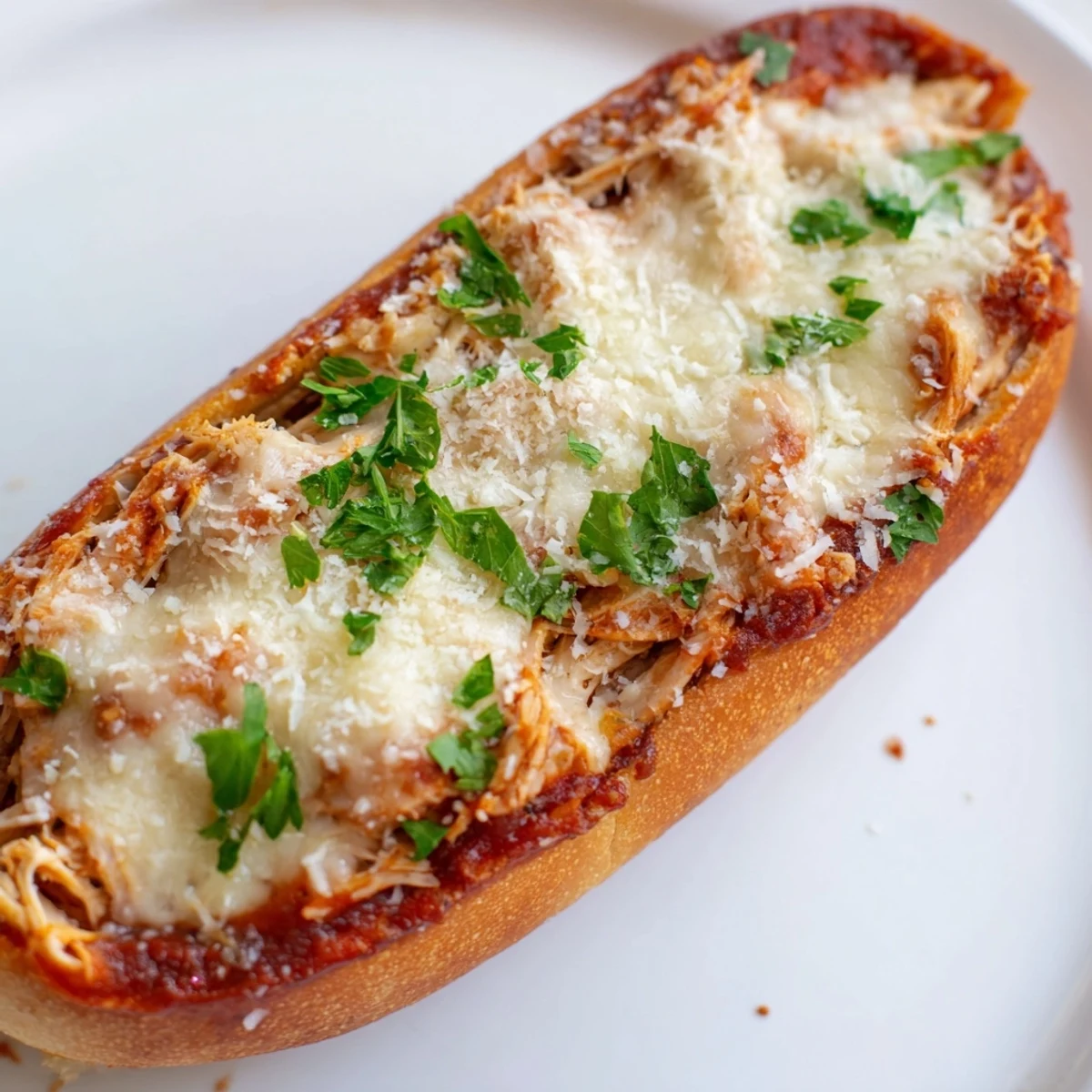 Detailed image of cheesy Chicken Parm Stuffed Garlic Bread with fresh parsley garnish and a side of zesty tomato sauce.