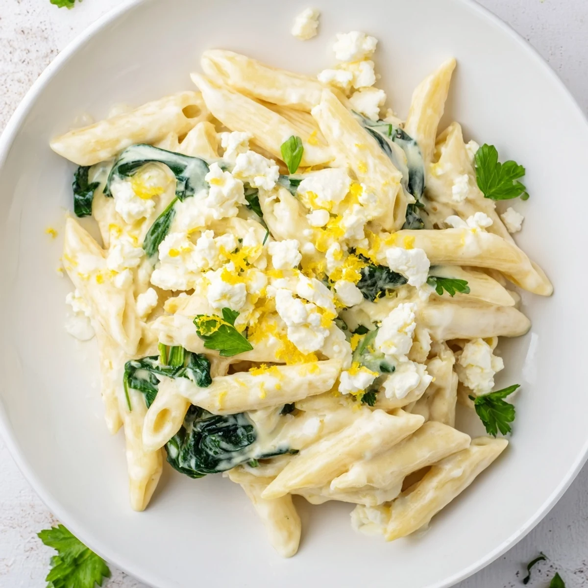 Steaming Creamy Feta Spinach Pasta in a rustic skillet, showing a velvety sauce coating the pasta and fresh spinach leaves, ready to be served for a cozy dinner.
