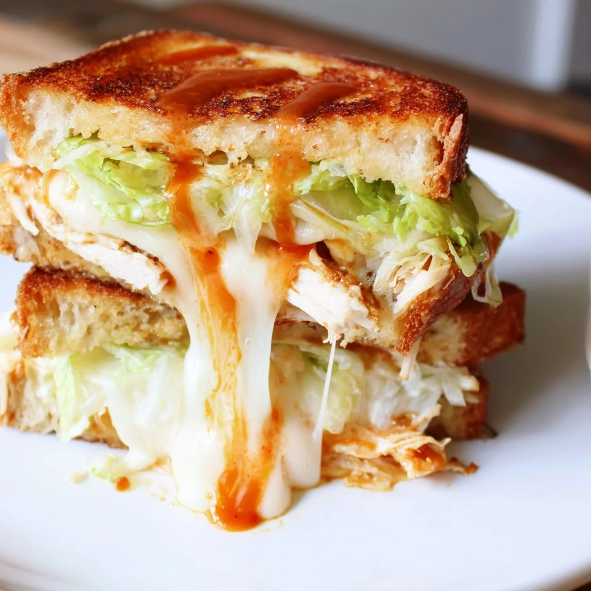 Golden-brown Buffalo Chicken Caesar Grilled Cheese sandwiches ooze with melted cheese and a spicy, creamy filling.