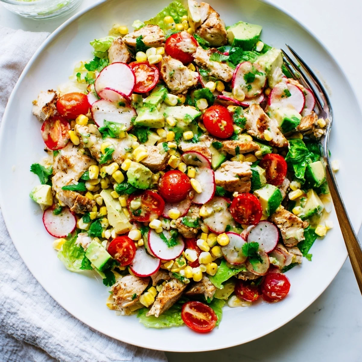 Smoky grilled chicken and charred roasted corn top this vibrant Roasted Corn & Chicken Chopped Salad with creamy avocado and crisp radishes.