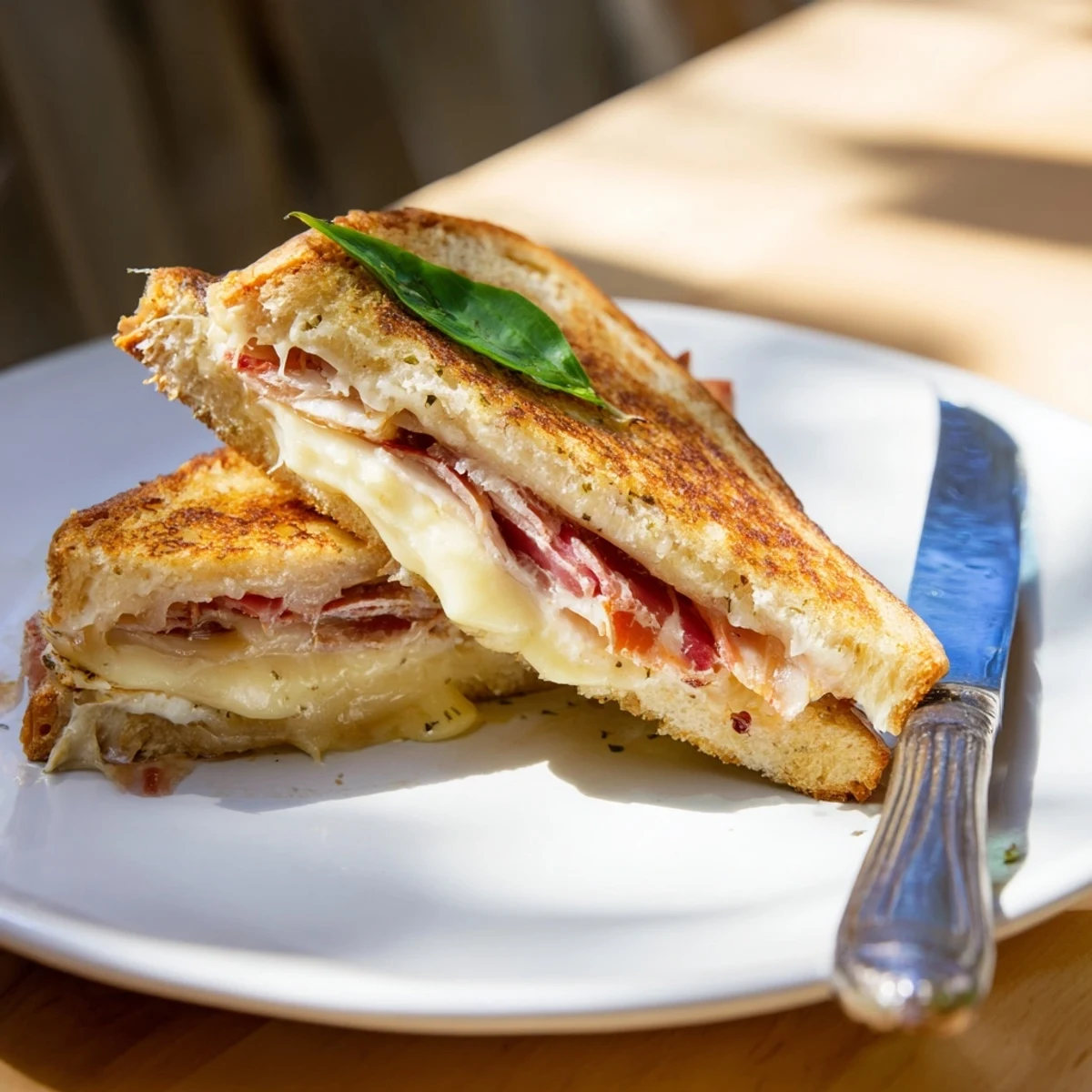 Golden sourdough grilled cheese sandwich with crispy prosciutto and creamy burrata, served on a rustic plate.  