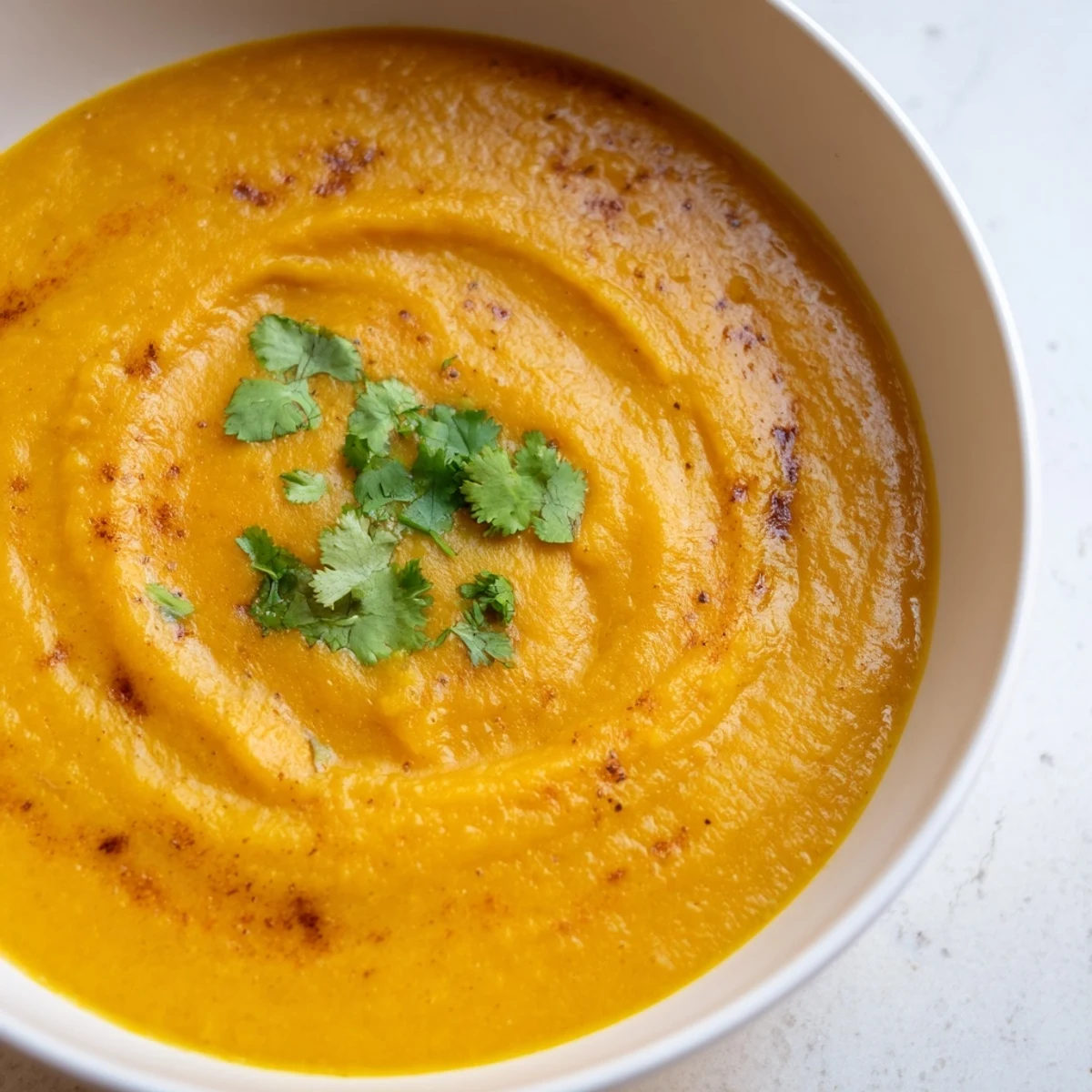 Creamy butternut squash and lentil soup garnished with fresh cilantro, served in a rustic bowl for a cozy autumn meal.  