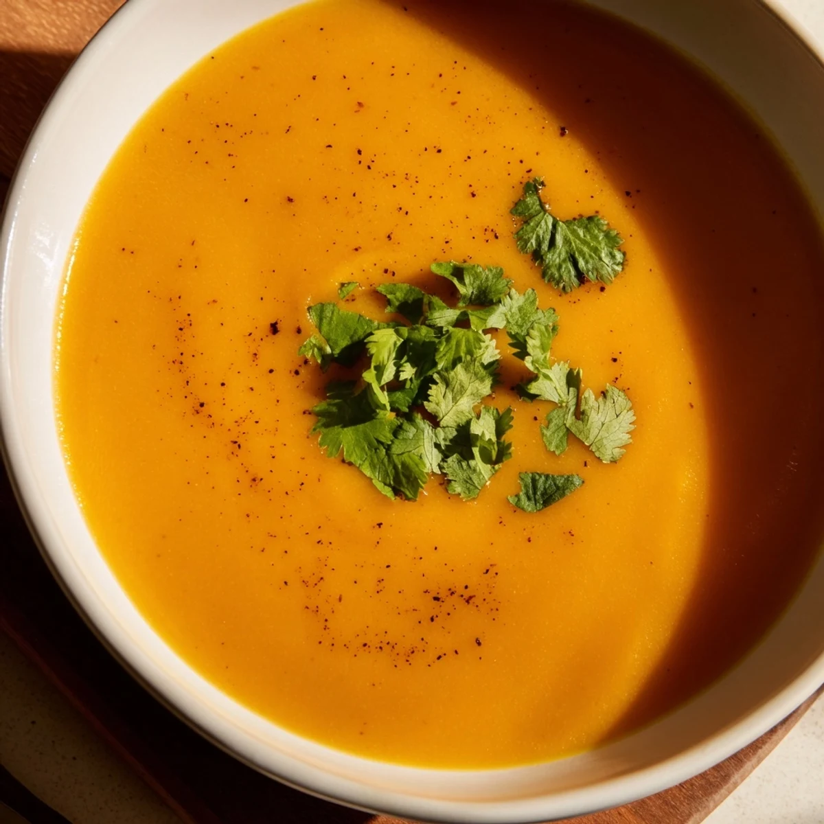 Roasted butternut squash and lentil soup with vibrant orange hue, garnished with cilantro for a nourishing plant-based dinner.