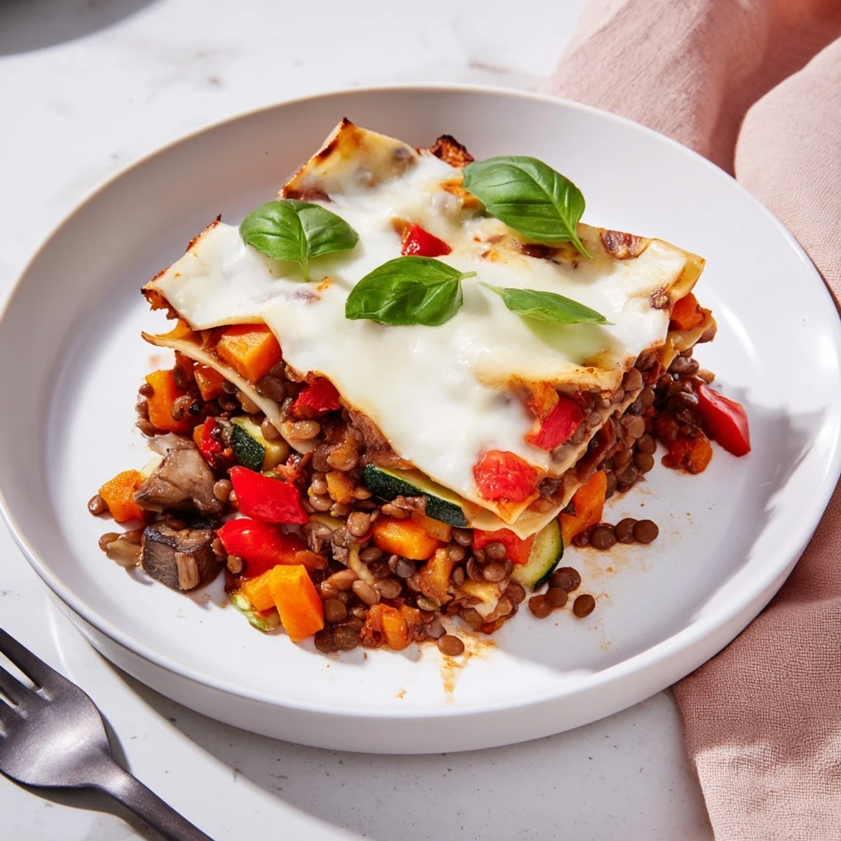 Slices of hearty One-Pan Smoky Veggie Lentil Lasagne reveal layers of tender lentils, mushrooms, and zucchini in rich béchamel.  