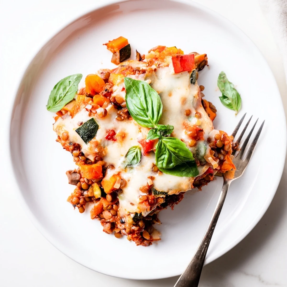 A rustic skillet of One-Pan Smoky Veggie Lentil Lasagne topped with fresh basil, perfect for a cozy vegetarian dinner.