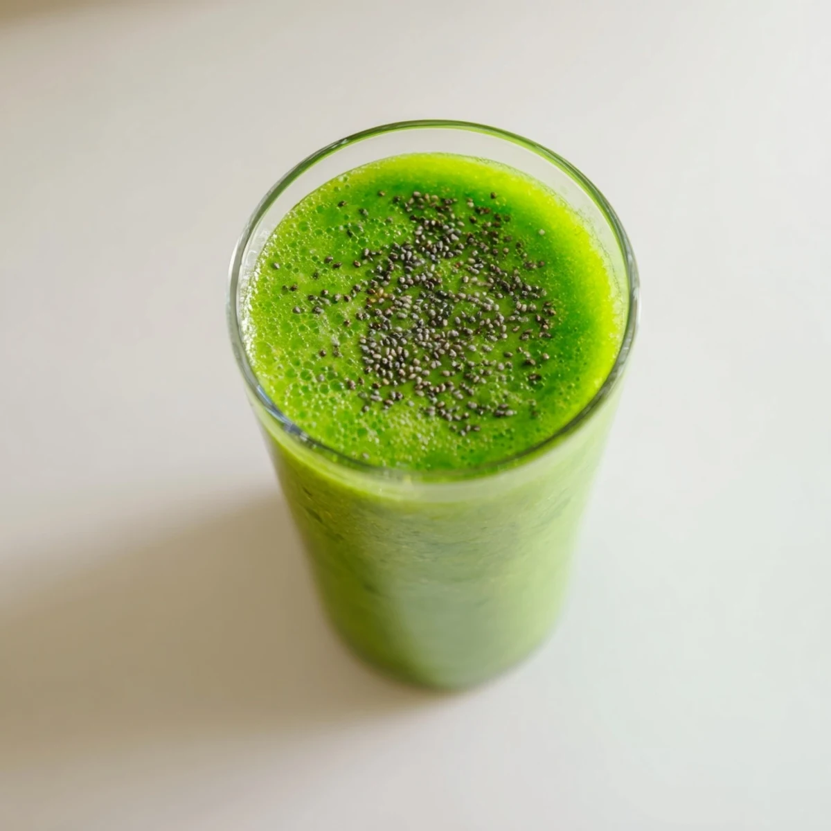 Tall glasses of vibrant Green Detox Smoothie filled with ice-cold, bright green liquid and dotted with chia seeds next to fresh produce.