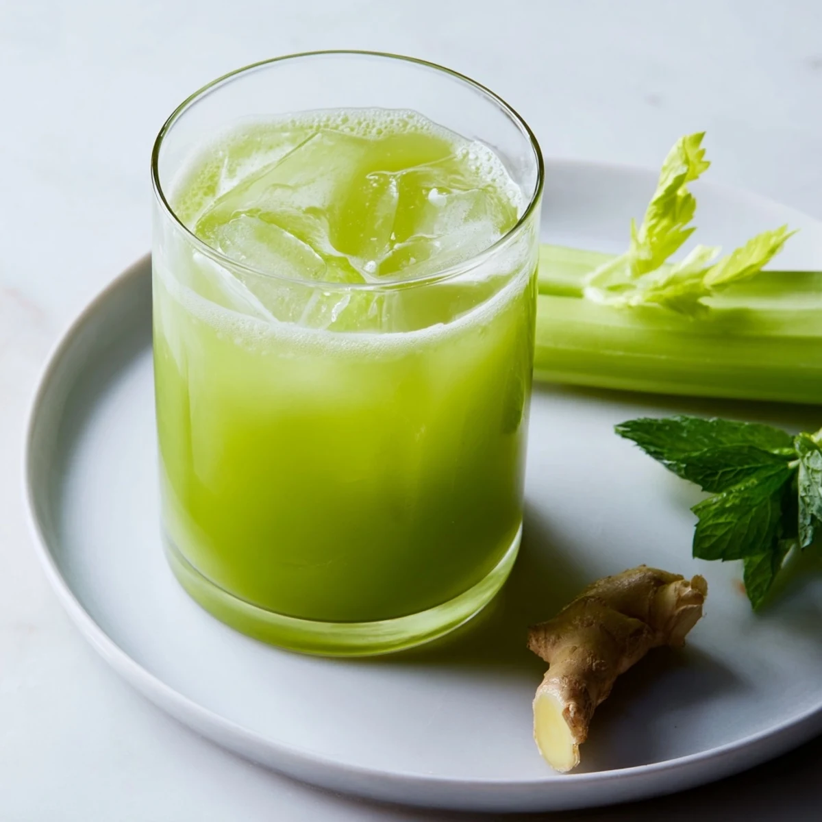 A refreshing glass of Celery Ginger Lemon Juice filled with ice cubes, garnished with fresh celery stalks, lemon slices, and mint leaves.