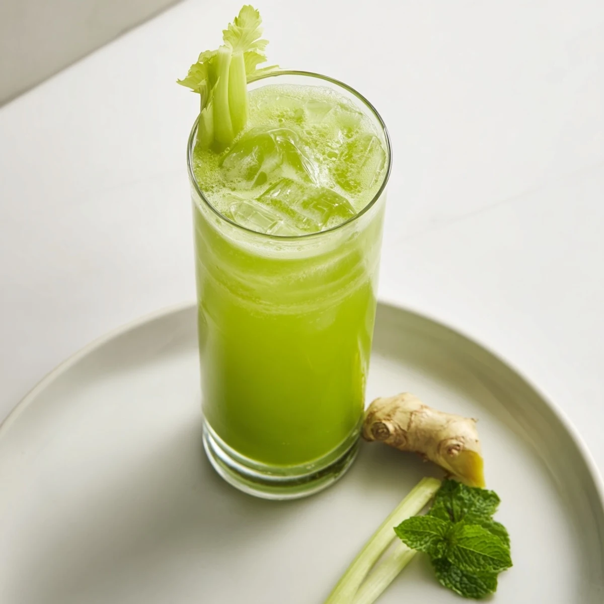 Close-up of Celery Ginger Lemon Juice in a glass with bright green hue, fresh celery, and mint sprigs for a refreshing morning drink.