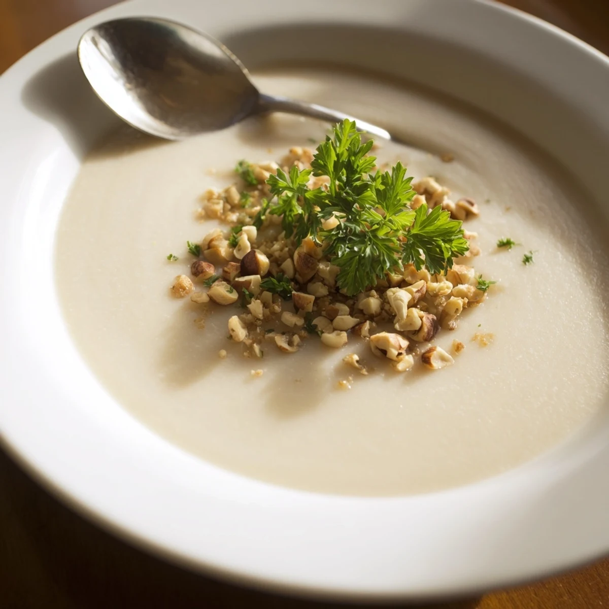 A smooth, creamy bowl of Celeriac Soup with Hazelnut Crumble garnished with fresh parsley.  
