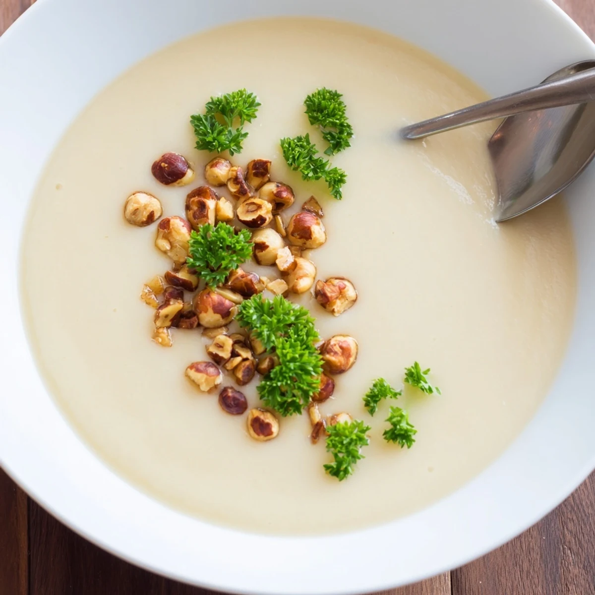 Earthy Celeriac Soup with Hazelnut Crumble served in a rustic bowl, perfect for cozy dinners.