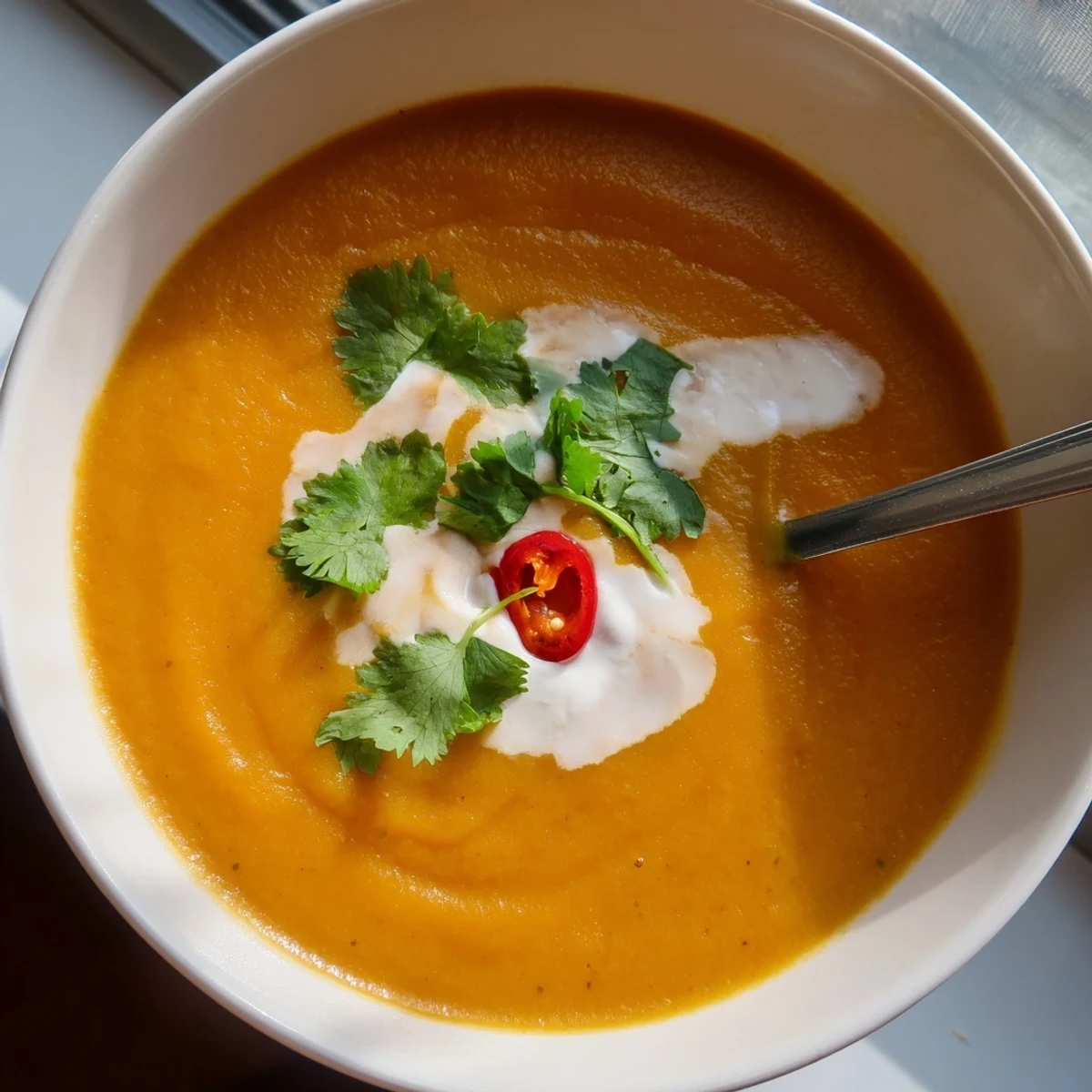 A warm bowl of Carrot, Celeriac, and Chilli Soup garnished with fresh cilantro and a swirl of vegan yogurt.