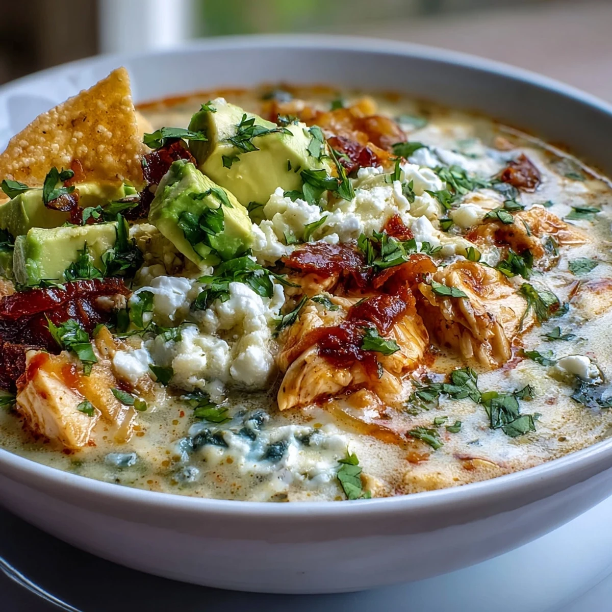 Creamy Chicken Tortilla Soup with shredded chicken, diced avocado, and crushed tortilla chips in a rustic bowl.
