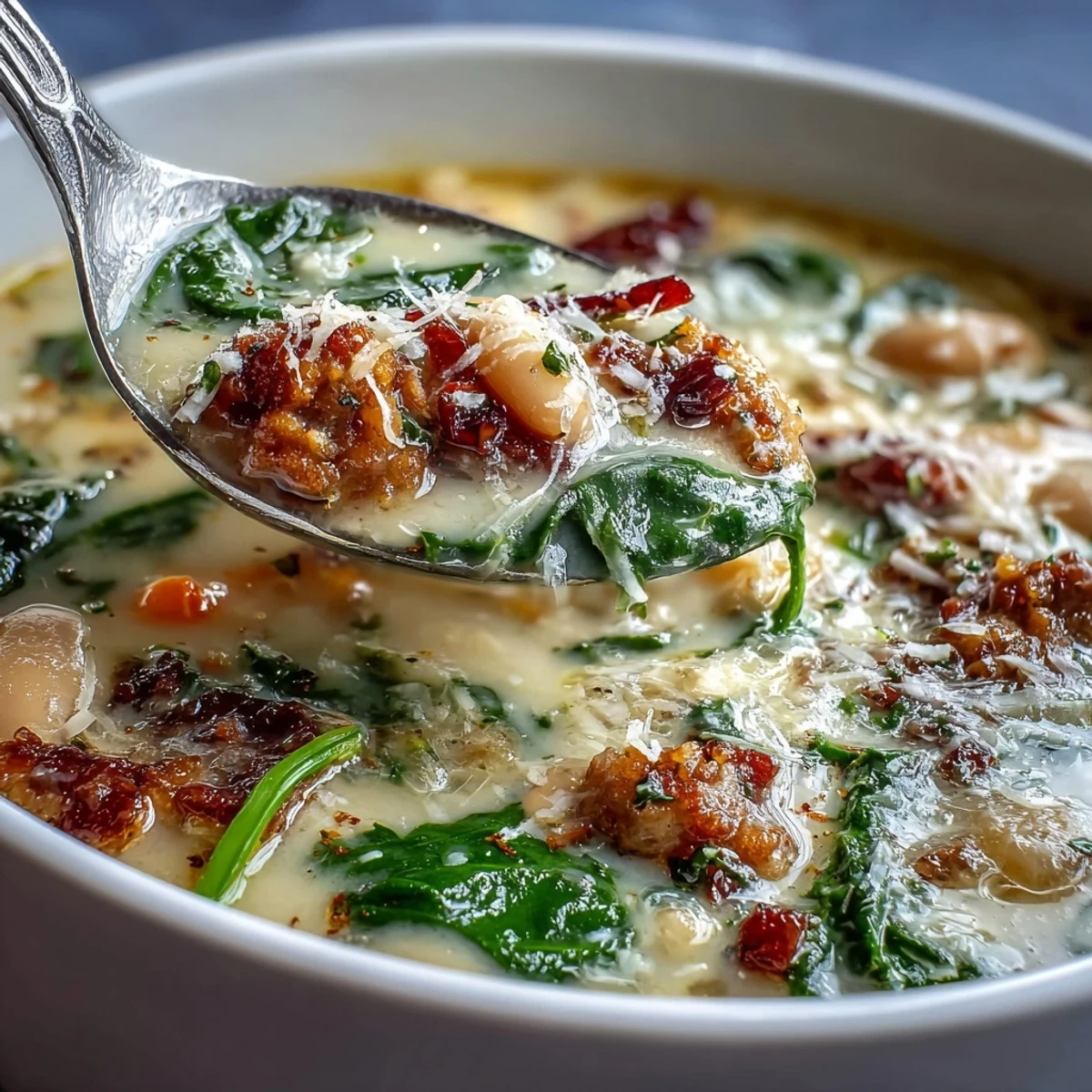 Creamy Tuscan White Bean Soup with Sausage steams in a rustic bowl next to crusty bread and Parmesan. A cozy, hearty meal.