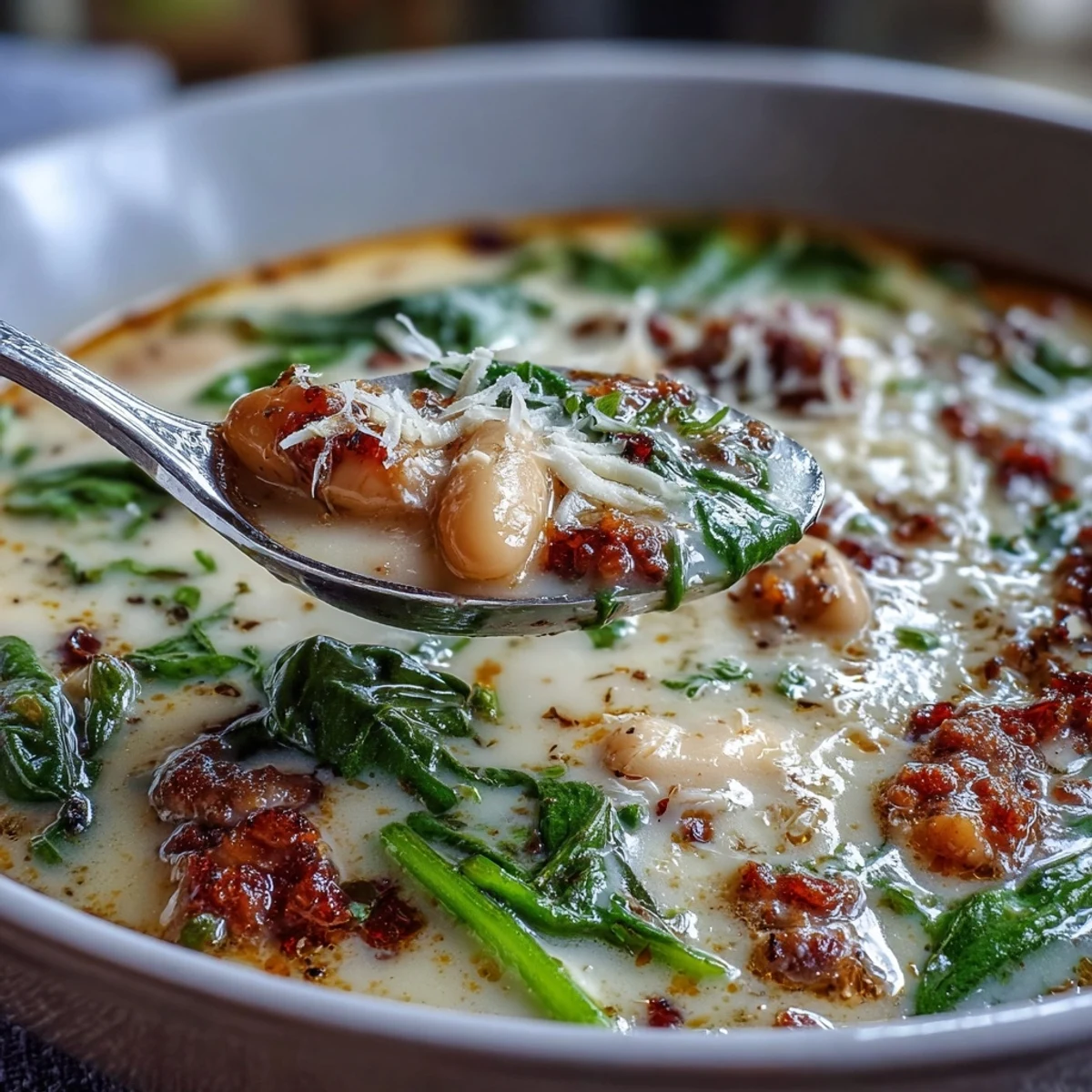 This rich Tuscan-inspired soup features crumbled sausage, tender white beans, and wilted spinach in a creamy broth.