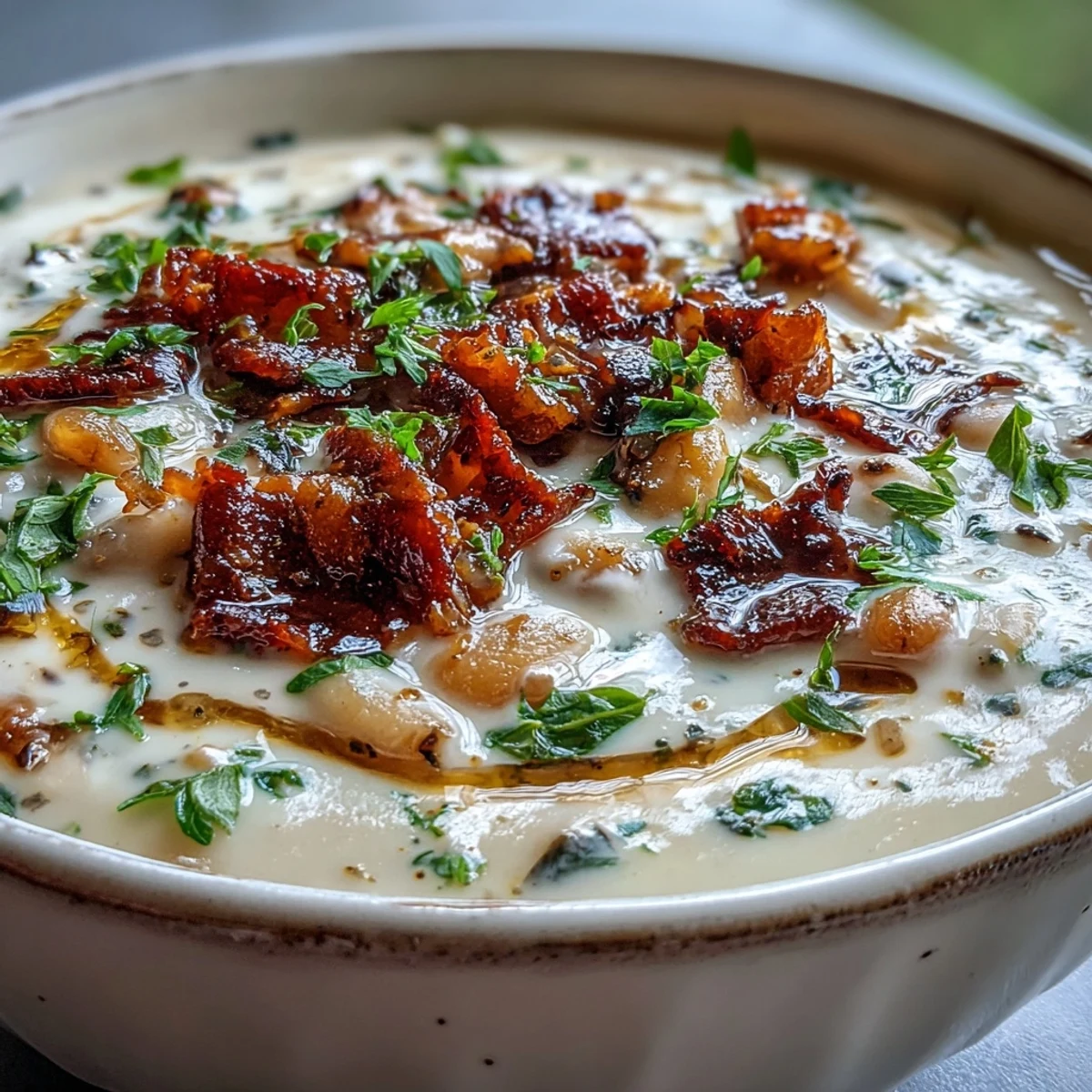 A spoon dips into rich Creamy Tuscan White Bean Soup, revealing a velvety blend of white beans, pancetta, and sun-dried tomatoes. 