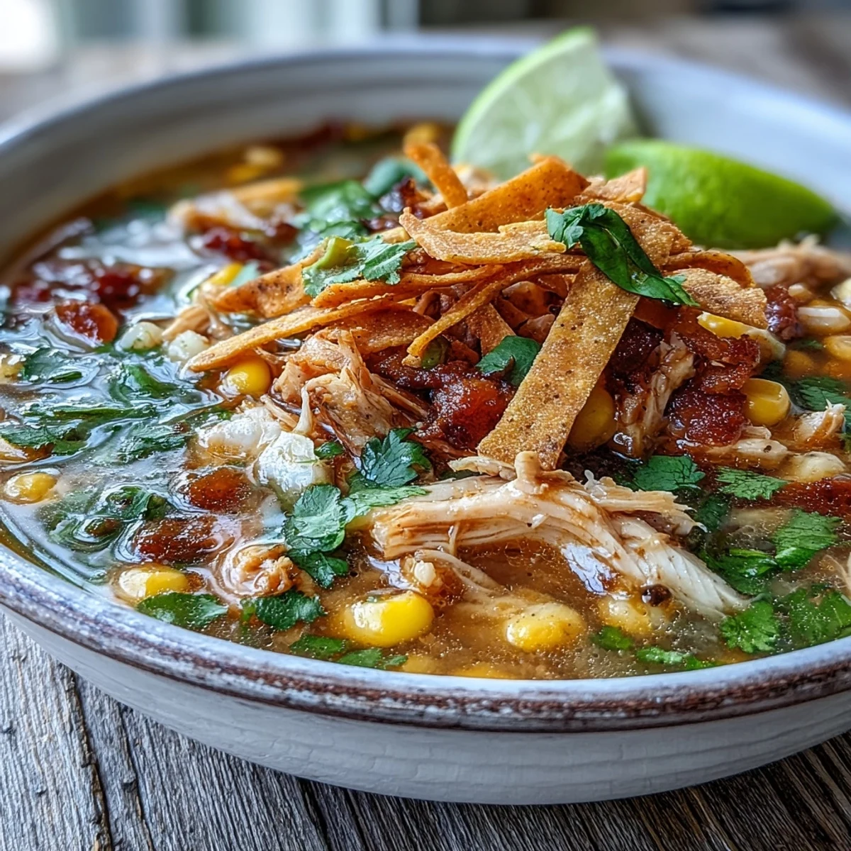 Steaming Best Chicken Tortilla Soup served with crunchy tortilla strips, creamy avocado, shredded cheese, and sour cream.