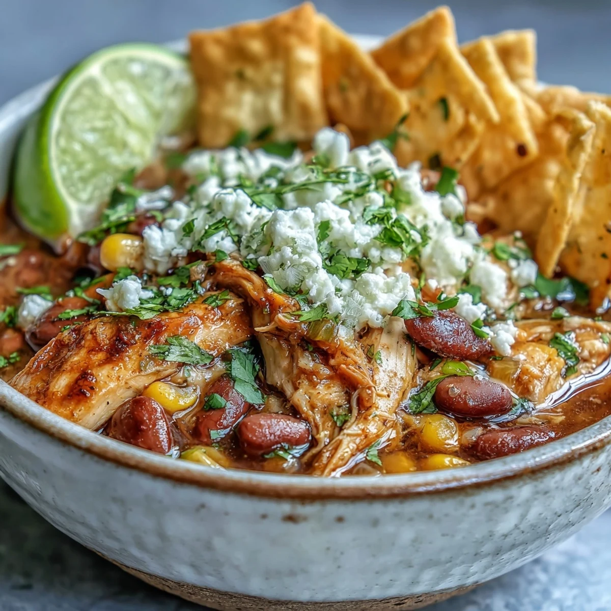 A steaming bowl of Chicken Tortilla Soup, topped with crisp golden tortilla strips, fresh cilantro, and crumbled cotija cheese, ready to serve.