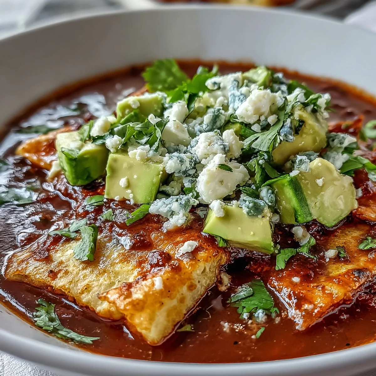 A warm bowl of Sopa Azteca topped with fresh cilantro, sour cream, and lime wedges on a rustic table.