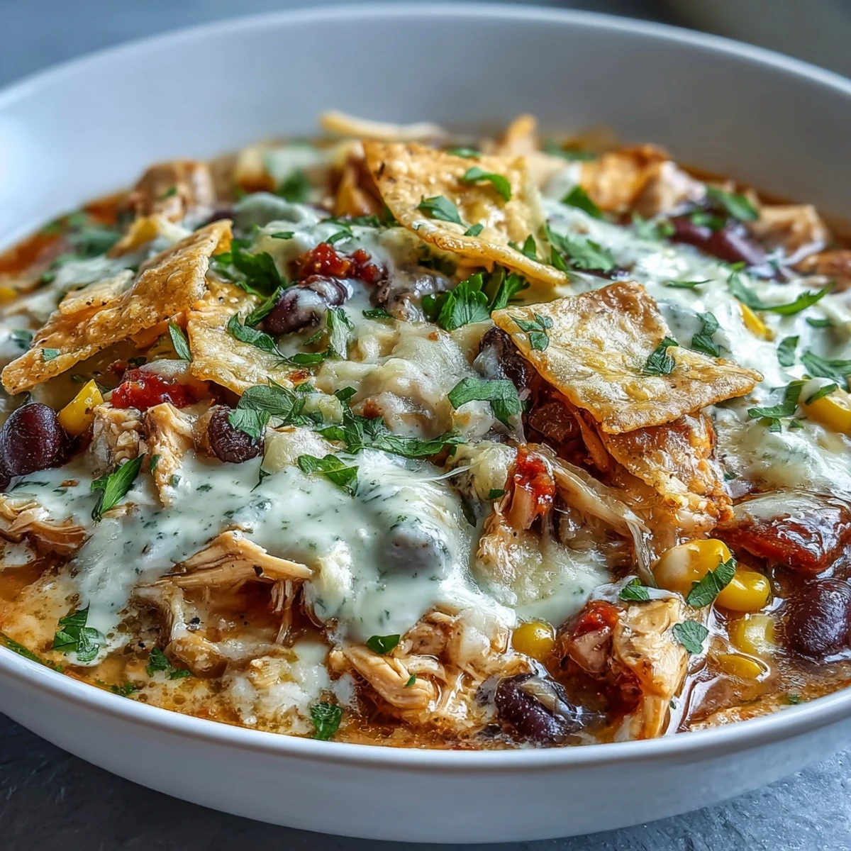 Steaming Easy Chicken Tortilla Soup with tender chicken, black beans, and corn, topped with melted cheddar and fresh cilantro.