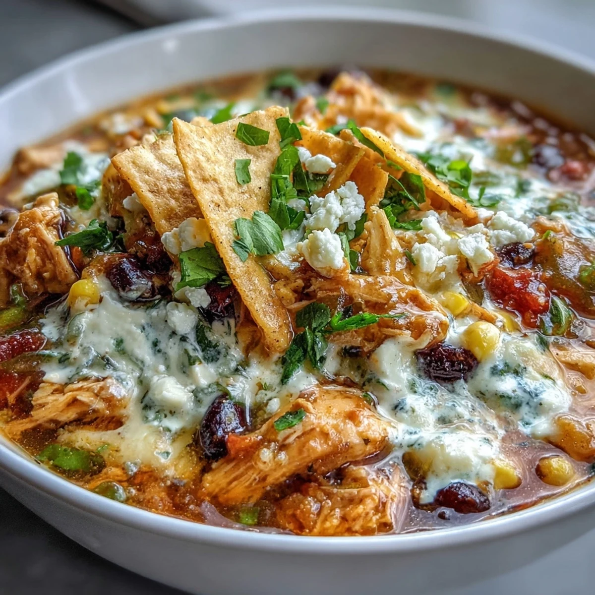 Easy Chicken Tortilla Soup served in a rustic bowl with jalapeño slices and fresh cilantro garnish on a wooden table.