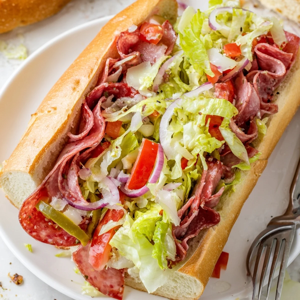 A close-up of the hearty Italian grinder sandwich, featuring chopped meats and melted provolone on a toasted roll.  