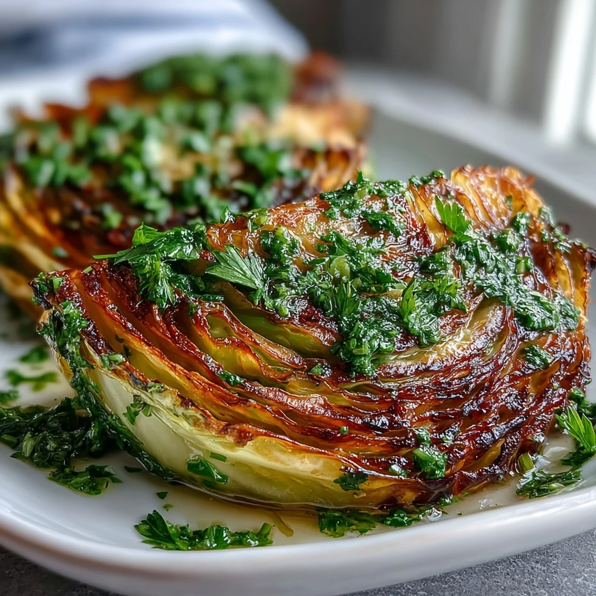 Cabbage Steaks With Jalapeño Chimichurri plated with fresh herbs and vibrant green sauce.