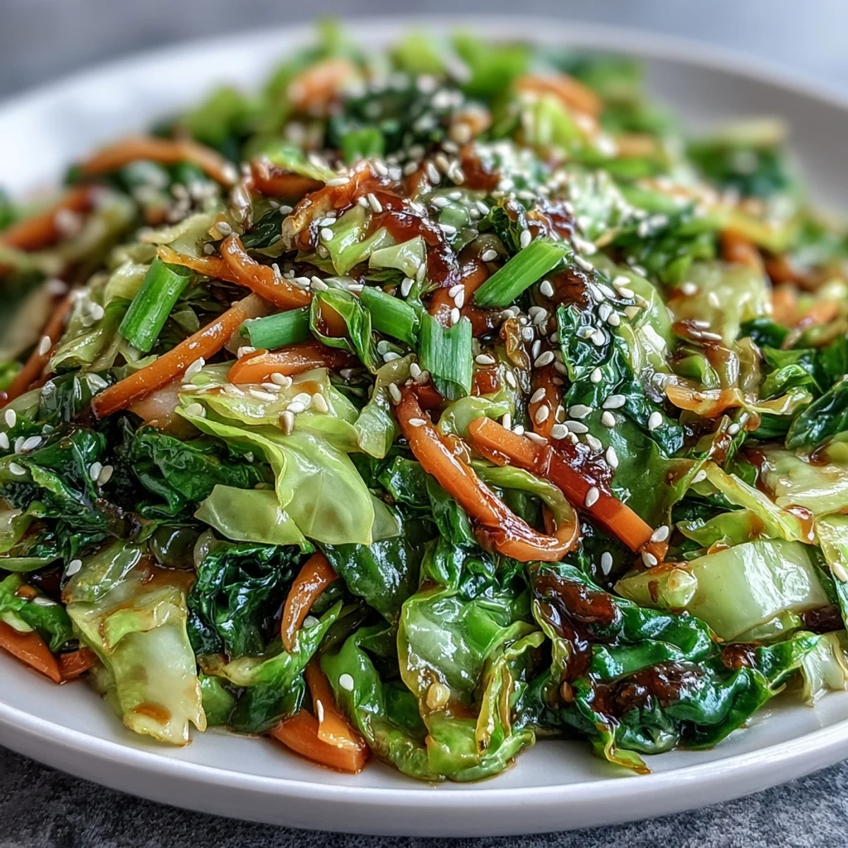 A serving of Hot and Sour Cabbage plated beside steamed white rice, garnished with toasted sesame seeds for extra texture.