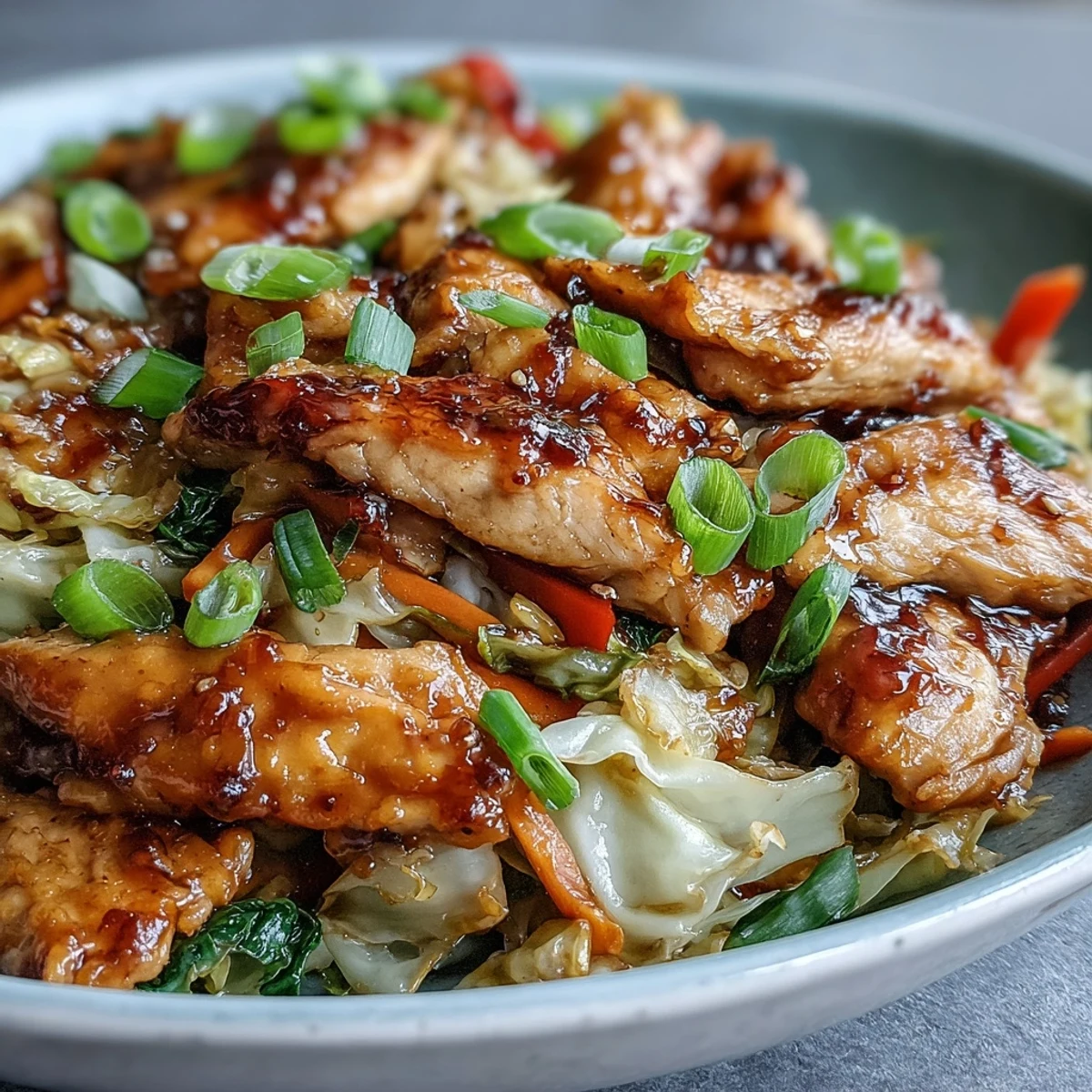 Top-down view of a delicious Chicken Cabbage Stir-Fry in a wok, garnished with sesame seeds and fresh green onions.