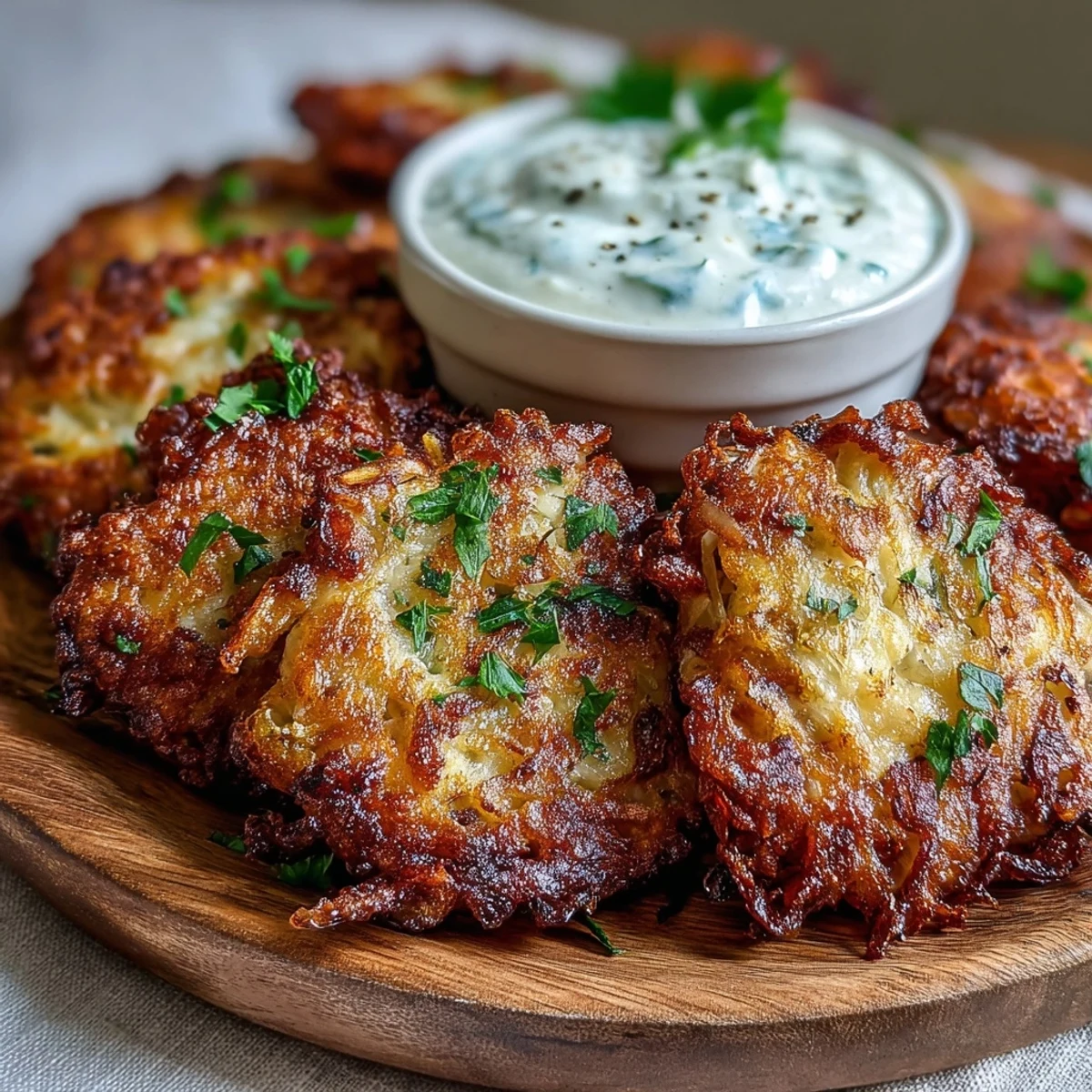 Golden-brown Cabbage Fritters With Dipping Sauce are stacked high on a plate, showing crispy edges and tender, steaming centers.